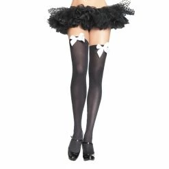 STOCKINGS THI HI W/BOW BK/WT